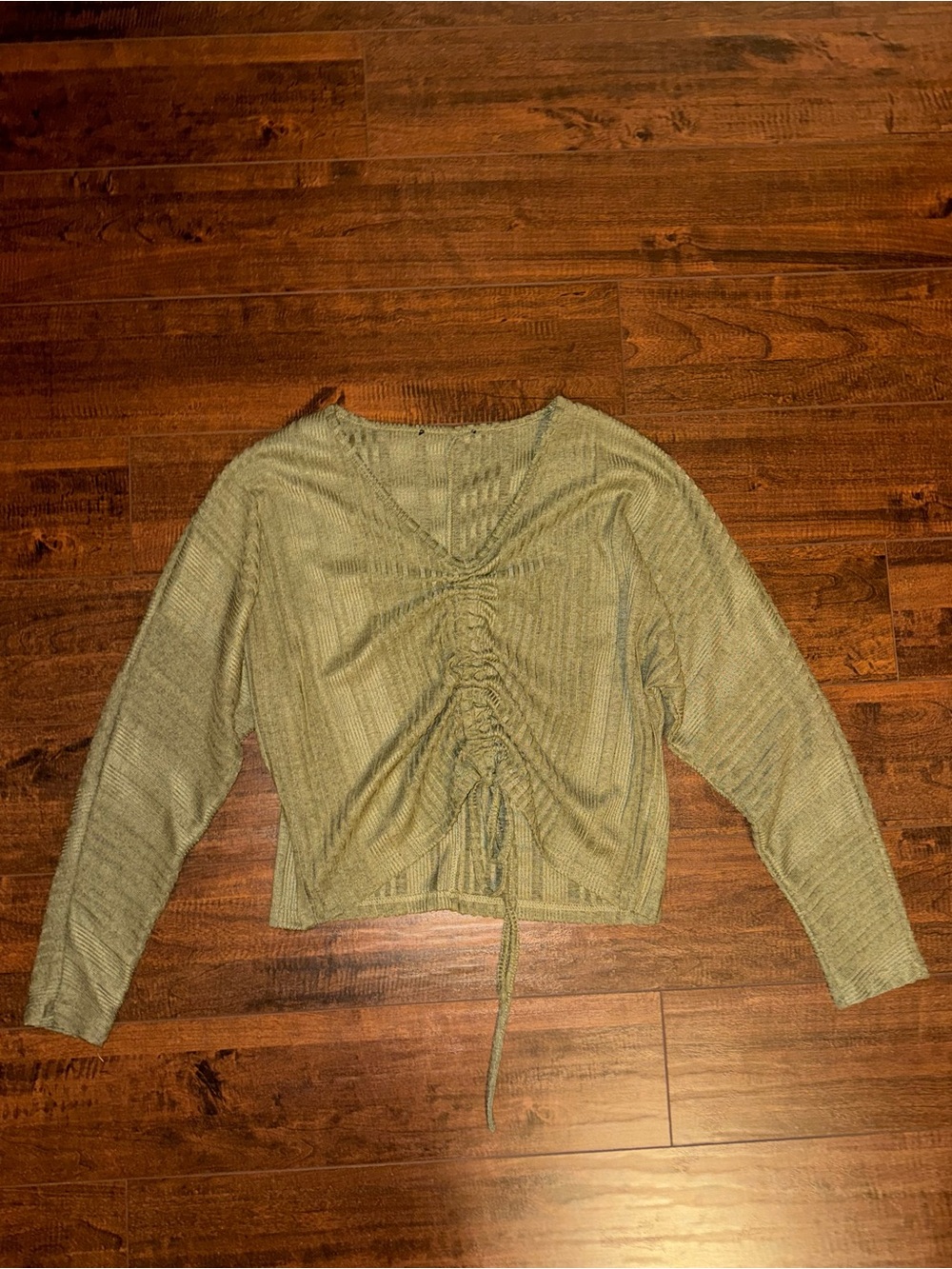 Women’s Olive Ruched Drawstring V-Neck Top